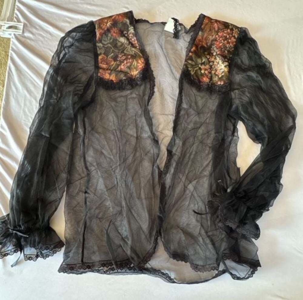 K727 Vintage Frederick's of Hollywood Black Sheer Mesh Long Sleeve Cardigan with